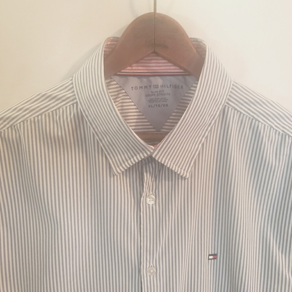 Tommy Hilfiger Slim Fit Shirt Mens Size XL Blue Striped Long Sleeve Button Front - Picture 1 of 8